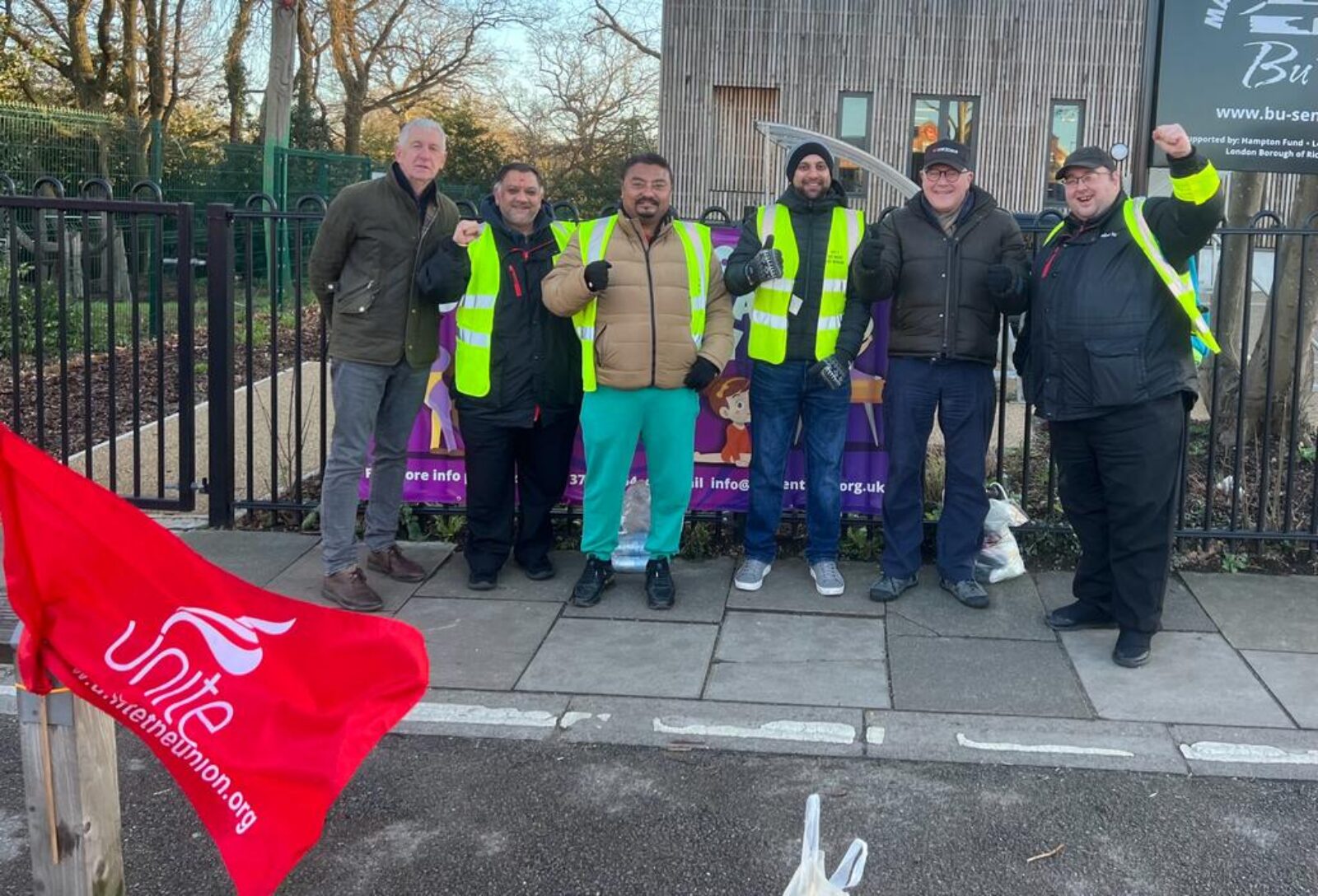 Members of Twickeham CLP on the Unite picket line at Fulwell bus station 